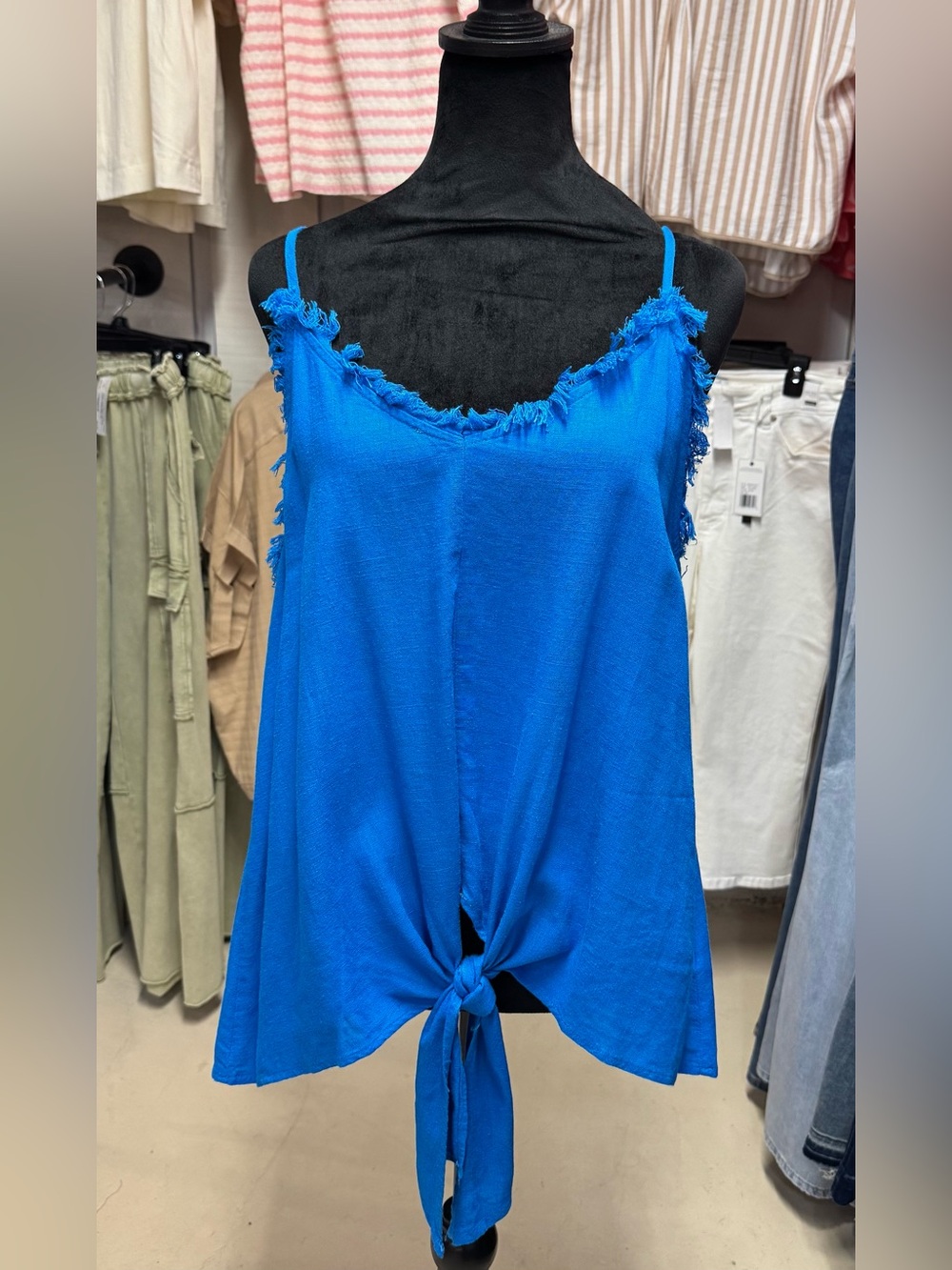Plus Size Blue Tie-Front Fringe Cami Tank Top - Umgee